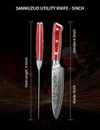 5 Inch Kitchen Utility Knife - Xuan Series Kitchen Knives - VG10 Damascus Steel with Resin Handle (Sunset Red)