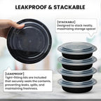 Klex 32 Oz, 150 Sets Meal Prep Containers with Airtight Lids, BPA Free, Reusable Plastic Food Container, 32 oz, Round, Black/Clear, 150 Sets