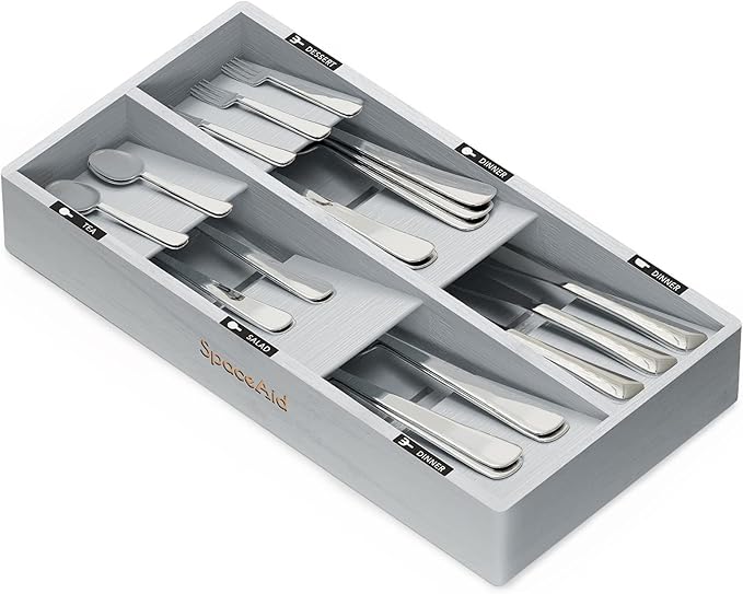 SpaceAid Bamboo Silverware Drawer Organizer with Labels, Kitchen Utensil Tray Holder Organizer for Flatware, Cutlery, Spoon and Knives Drawer Storage Organization (Gray, 6 Slots)