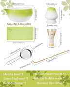 ZENS Matcha Whisk Set, 6pcs Matcha Kit Includes Ceramic Bowl, Handcrafted Bamboo Whisk and Chasen Holder, Scoop, 304 Sifter & Tea Mat，Matcha Set for Tea Ceremony,Latte Making, Green