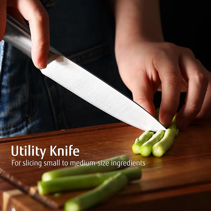 hecef Silver Kitchen knife set of 3, Satin Finish Blade with Hollow Handle, includes 8" Chef, 5" Utility and 3.5" paring knife