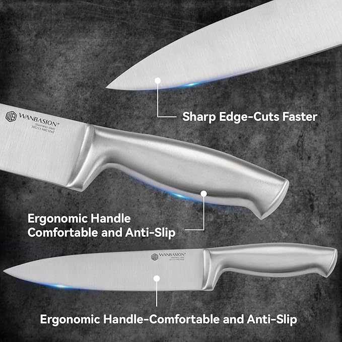 Wanbasion 14Pcs Kitchen Knife Block Set with Sharpener, Sharp Kitchen Knives Set with Block, Stainless Steel Knife Set with Block Dishwasher Safe Silver