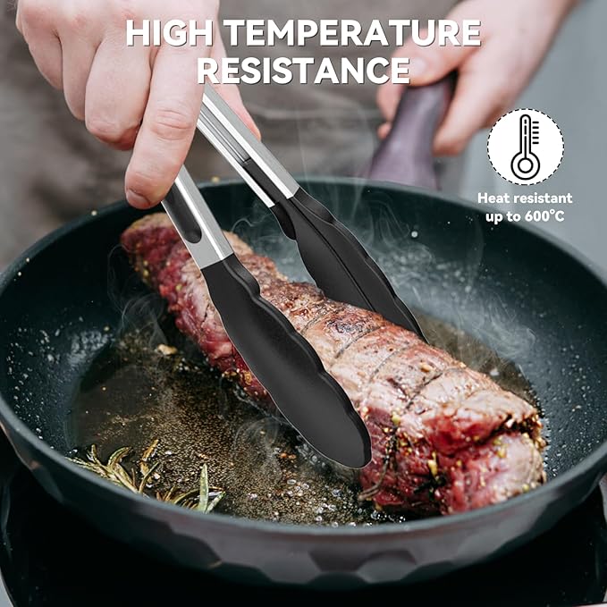 NileHome Tongs for Cooking, Professional Stainless Steel Cooking Tongs – Heat-Resistant for Grilling, BBQ, Serving Salad, Pasta, and Kitchen Use, Dishwasher Safe, Set of 7" 9" 12", Black