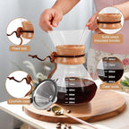 Pour Over Coffee Maker 1000ml with 304 Stainless Steel Filter and Wooden Collar Holder Borosilicate Glass Drip Coffeemaker Server Set Clear Hand Brew Dripper Carafe for Home Camping Travel 33.8oz