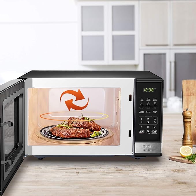 BLACK+DECKER EM031MB11 Digital Microwave Oven with Turntable Push-Button Door, Child Safety Lock, 1000W, 1.1cu.ft, Black & Stainless Steel, 1.1 Cu.ft