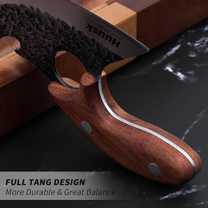 Huusk Knives, Viking Boning Knife for Meat Cutting, Small Ulu knives, Caveman Ultimo Knives Hand Forged Full Tang Knives for Kitchen or Camping Christmas Gift