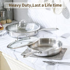 DELARLO Tri-Ply Stainless Steel Pan, 12 inch Frying Pan with Lid, Compatible with All Cooktops Up to 600℉, Fast & Even Heat, Skillet, Induction Cookware, Cooking Pan, Stir Fry Pan, Dishwasher Safe