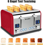 Toaster 4 Slice, KitchMix Bagel Stainless Toaster with LCD Timer, Extra Wide Slots, Dual Screen, Removal Crumb Tray (Red)