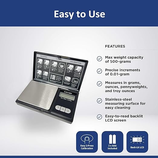 CAMRY Digital Pocket Gram Scale 500g/0.1g, Small Digital Scales Grams Ounces Grains, Herb Scale, Jewelry Scale, Portable Travel Food Scale, LCD Backlight Display with Tare Function