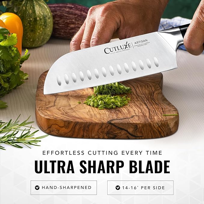 Cutluxe Santoku Knife – 7" Chopping Knife, Vegetable Knife – Forged High Carbon German Steel – Sheath Included – Full Tang & Razor Sharp – Ergonomic Handle Design – Artisan Series