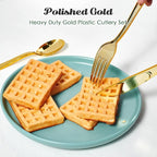 FOCUSLINE 300 Pack Disposable Gold Plastic Forks, Solid and Durable Plastic Cutlery Forks, Heavy Duty Disposable Utensil Silverware for Catering, Parties, Dinners, Weddings