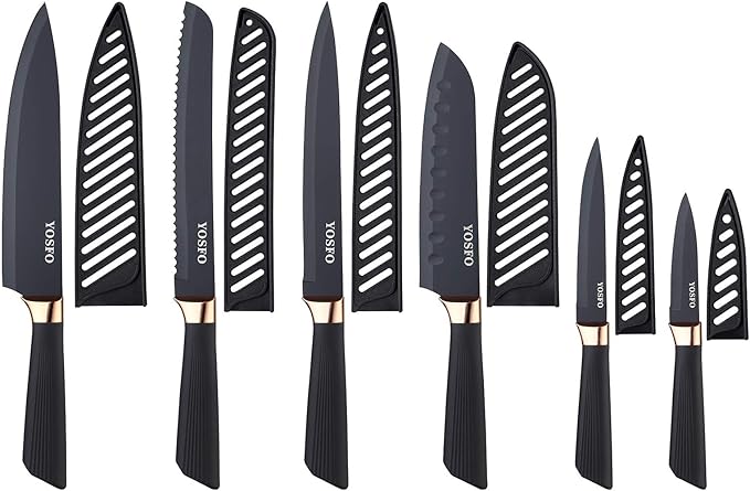 Stainless Steel Chef Knife Set, 6 Piece - Includes 8" Chef, 8" Bread, 7" Santoku, 5" Utility, 8" Carving & 3.5" Paring Knives (Black)