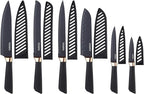 Stainless Steel Chef Knife Set, 6 Piece - Includes 8" Chef, 8" Bread, 7" Santoku, 5" Utility, 8" Carving & 3.5" Paring Knives (Black)