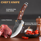 Chef Knife Kitchen Knives Japanese Butcher Knife Meat Cleaver, High Carbon Steel Hand Forged Full Tang Viking Knives with Sheath for Camping, Outdoor, BBQ, Home