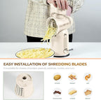 Rotary Cheese Grater with Handle Vegetable Shredder with 5 Interchangeable Blades, Kitchen Food Slicer and Chopper with Strong Suction Base for Fruit Vegetables Nuts with Blade Storage Box (White)