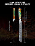 8” Bread Knife Serrated Kitchen Chef Knife - Damascus Steel & Resin Handle - Xuan Series(Fantasy Orange)
