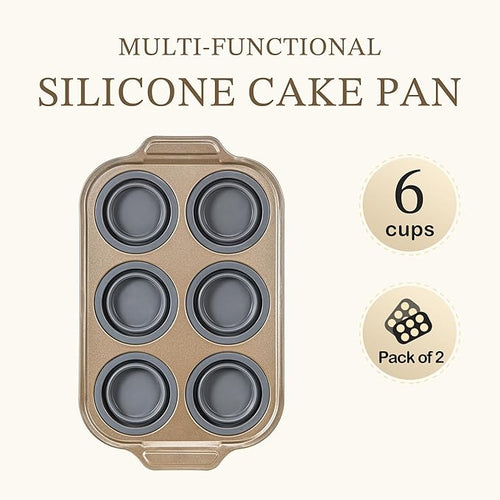 2-Pack Silicone Foldable Muffin Pans With Metal Reinforced Frame Silicone Cupcake Molds Nonstick 6 Cups For Baking, Homemade Muffins, Cupcakes, Egg Bites, Brownies, Puddings