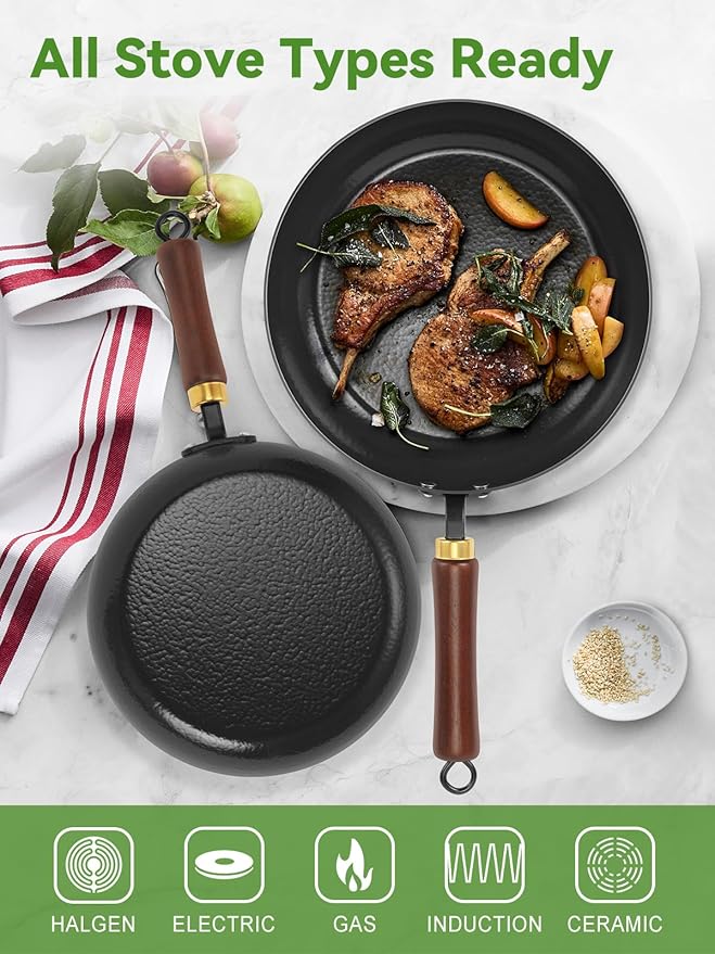 Carbon Steel Skillet, 11-Inch Nonstick Frying Pan, Stay-Cool Wooden Handle, Non Toxic, PTFE & PFOA Free Oven-Safe, Season-Free Enameled Carbon Steel Pan