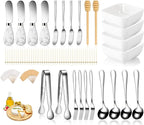 Charcuterie Board Accessories With 3 Oz Ceramic Dip Bowls, Ceramics Handle Silver Cheese Spreader Butter Knive Set Kit, Mini Tongs, Spoons, Forks,Honey Dipper, Cocktail Picks