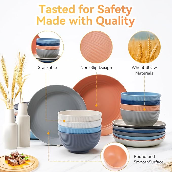 Wheat Straw Dinnerware Sets,64-Piece Beige Plates and Bowls Sets for 8-Unbreakable,Reusable Plastic Dish Set-Dinner Plate/Dessert Plate/Cereal Bowl/Cup/Utensils-Microwavable Dishwasher Safe 64P-Beige