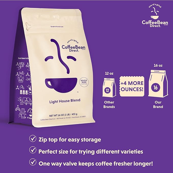 Coffee Bean Direct Light House Blend, Whole Bean Coffee, Light Roast, 1 Pound Bag (Pack of 1)