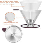 Pour Over Coffee Dripper Pour Over Coffee Filter, Cone Stainless Steel Reusable Paperless Double Layer Mesh Cup Metal Fine Mesh Strainer Slow Drip Portable with Stand & Cleaning Brush Camping