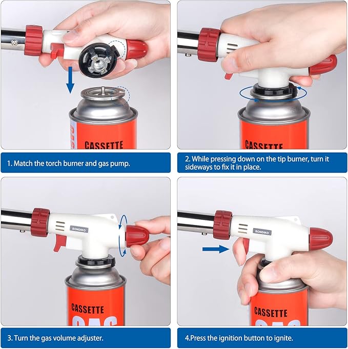 Sondiko Dual Flame Mode Butane Torch Lighter Head, Professional Culinary Torch with Adjustable Flame, Reverse Use for BBQ, Soldering, Red and White, Fuel Not Included.
