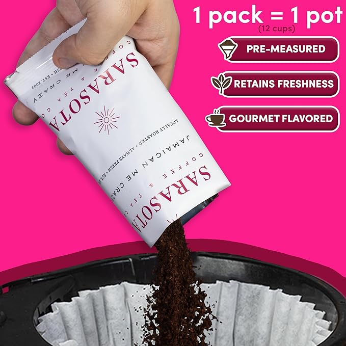 Sarasota Coffee Ground Packets | Gourmet Flavored Medium Roast Grounds Packs | Jamaican Me Crazy | Low Acid Mold Free Individual Single Pot Pouches for 12 Cup Coffee Maker | 2 Ounce Bags, 12 Count