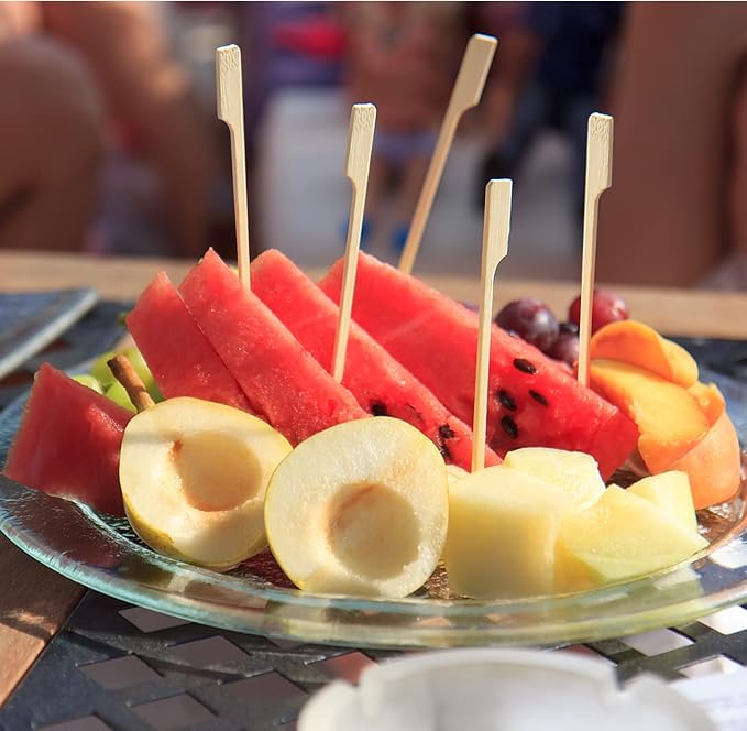 BLUE TOP 200Pcs Bamboo Paddle Picks, 3.5 Inch Sturdy Flat Skewers Food Appetizer Toothpicks for for Fruit, Grilling, Drink, BBQ, Barbecue, Yakitori Chicken, Fondue, Roasting,Cocktail, Marshmallow