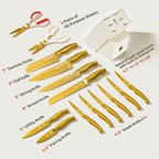 ZHANG XIAO QUAN SINCE 1628 15Pcs Knife Set with White Block, High Carbon Stainless Steel Kitchen Knife Set, Sharp and Durable, Hundreds of Years of Masterful(Golden)