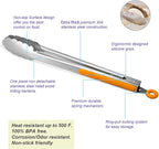 304 Stainless Steel Kitchen Cooking Tongs, 9" and 12" Set of 2 Sturdy Grilling Barbeque Brushed Locking Food Tongs with Ergonomic Grip, Orange