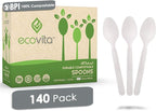 Ecovita 100% Compostable Spoons - 140 Large Disposable Utensils (6.3 in.) Eco Friendly Durable and Heat Resistant Alternative to Plastic Spoons with Convenient Tray