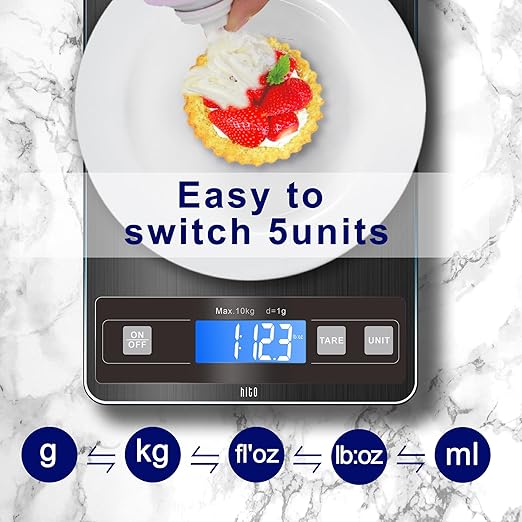 hito Food Scale 22lb Digital Kitchen Scale Rechargeable Waterproof Weight Grams and oz 1g/0.1oz Precise, for Weight Loss, Cooking and Baking, Black