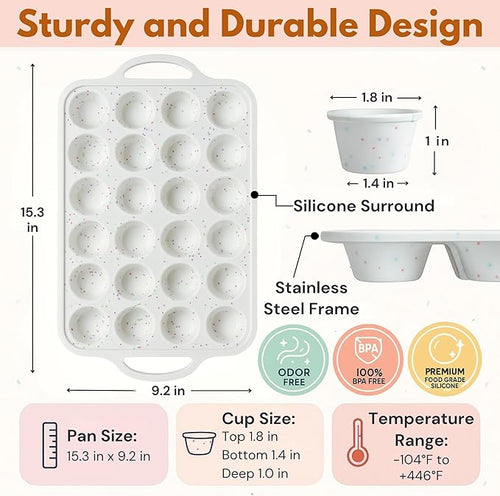 2-Pack Mini Muffin Pan 24 cups - Silicone Muffin Pans with Metal-Reinforced Handles – Nonstick, BPA-Free, Food-Grade Bakeware for Mini Cupcakes & Snacks – Dishwasher Safe, Cream