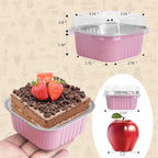 50 Pcs Mini Square Baking Cups with Lids,5oz Aluminum Foil Mini Cake Pans with Lids,Disposable Ramekins Cake Pans,150ml Dessert Cups Cupcake Pans for Wedding Birthday Party,Pink