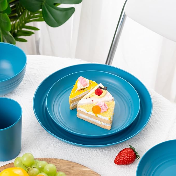 LIYH 48 Pcs Blue Plastic Wheat Straw Dinnerware, Plates and Bowls Set, Camping Dish Set for 12, Dishwasher Safe Dinnerware Sets, Unbreakable Plastic, Camper Dish Sets