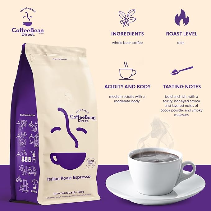 Coffee Bean Direct Italian Roast Espresso, Whole Bean Coffee, Dark Roast, 2.5 Pound Bag (Pack of 1)