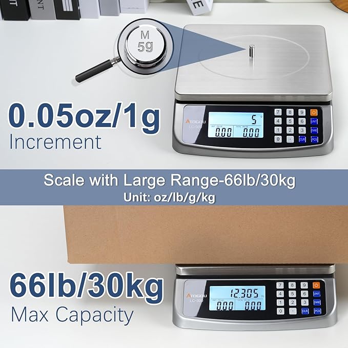 66lb Food Scale, Commercial Kitchen Scale with Price Computing, Plug-in Usable, 0.05oz/1g, 304 Stainless Steel, for Cooking, Vegetables, Farm, Industry, Counting. LC300 Grey
