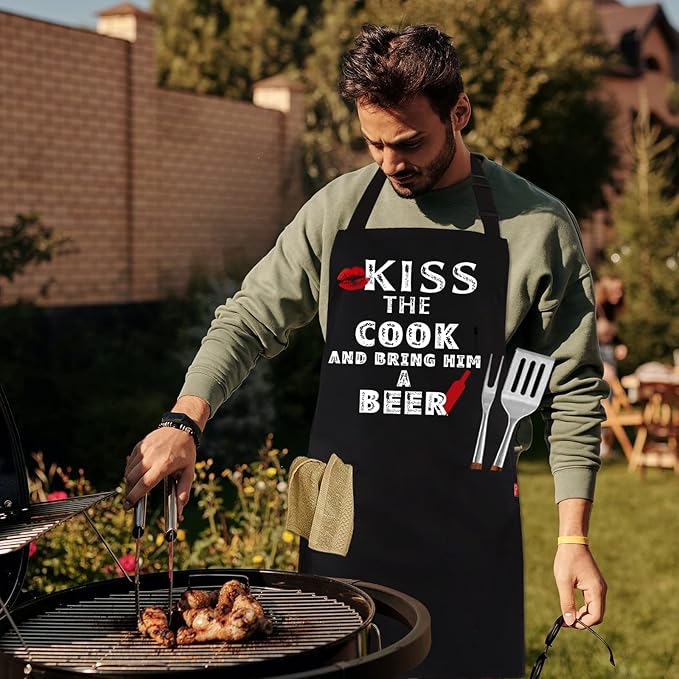 Grilling Apron - KISS THE COOK AND BRING HIM A BEER - Funny BBQ Aprons for Men Women Chef, Adjustable Kitchen Bib Apron with 2 Pockets and 40" Long Ties, Perfect for Cooking, Baking - Black