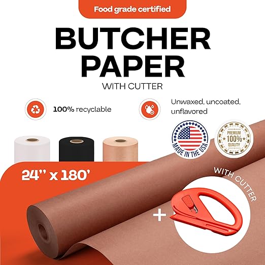 Peach Butcher Paper 24" x 2160" (180 feet) with Cutter - USA-Made Natural Butcher Paper Roll for Meat & Fish - Uncoated, Unwaxed & Food-Grade Material for Smoking Meat, Grilling & BBQ by IDL Packaging