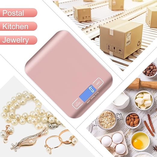 Digital Shipping Scale,Stainless Steel Panel, Accurate 5kg/1g Portable Postal Scale for Packages, Small Business,Kitchen, Food, Handmade, Liquids, and Boutique (Rose Gold)