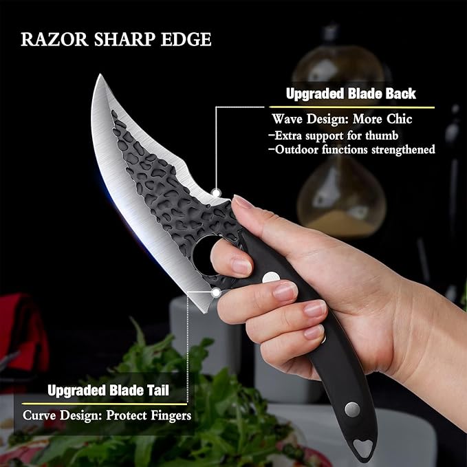 Huusk Japan Knife Upgraded Version, Fillet Caveman Viking Knives Handmade Butcher Boning Knife for Meat Cutting Kitchen Knife with Sheath for Home or Camping Outdoor, Gift for Fathers