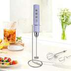 Milk Frother with Stand Rechargeable- Handheld Coffee Frother with 3 Stainless Whisks 3 Speed Adjustable, Electric Whisk Drink Mixer, Foam Maker Blender for Matcha Latte Cappuccino Chocolate