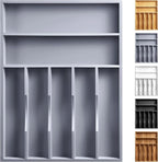 Kitchen Bamboo Silverware Organizer, Kitchen Drawer Organizer - Utensil Holder and Cutlery Tray with Grooved Drawer Dividers for Flatware 7 Slot, Grey