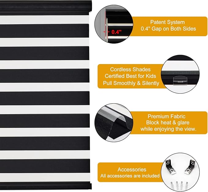 Persilux Cordless Zebra Blinds for Windows Free-Stop Roller Windows Shades (46" W X 72" H, Black) Dual Layer Light Control for Day and Night, Light Filtering Sheer Shades for Home, Easy to Install