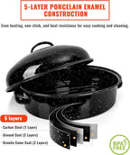 Enamel Granite Roasting Pan with Lid 18 Inch with Rack, Extra Large Deep Oven Baking Pot, NonStick Oval Carbon Steel Potato Roaster Pan for Turkey Chicken Steak NonToxic Perfect for Party Thanksgiving