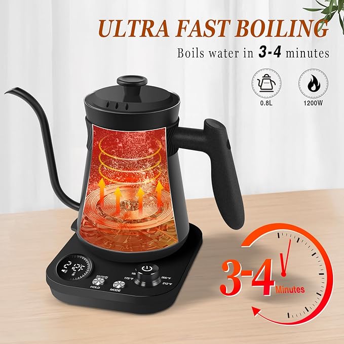 Secura Electric Gooseneck Kettle with 5 Temperature Control Presets, 100% Stainless Steel Inner Tea/Coffee Kettle with 1.5H Keep Warm, 1200 Watt Quick Heating for Coffee Tea Brewing, 0.8L, Matt Black