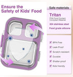 Stainless Steel Lunch Box: Metal Bento Box for Kids Adults - 3 Compartments Leak-Proof Lunch Box, Purple