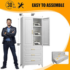 75" Tall Metal Storage Cabinet, Kitchen Pantry Storage Cabinets with Doors and Shelves, White Pantry Cabinet with 3 Drawer, Utility Kitchen Cupboard, Large Steel Cabinets for Living Room