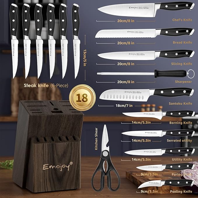 Emojoy Knife Set, 18-Piece Kitchen Knife Set with Block Wooden, Manual Sharpening for Chef Knife Set, German Stainless Steel